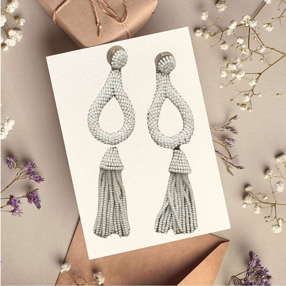 Elegant White Beaded Tassel Earrings